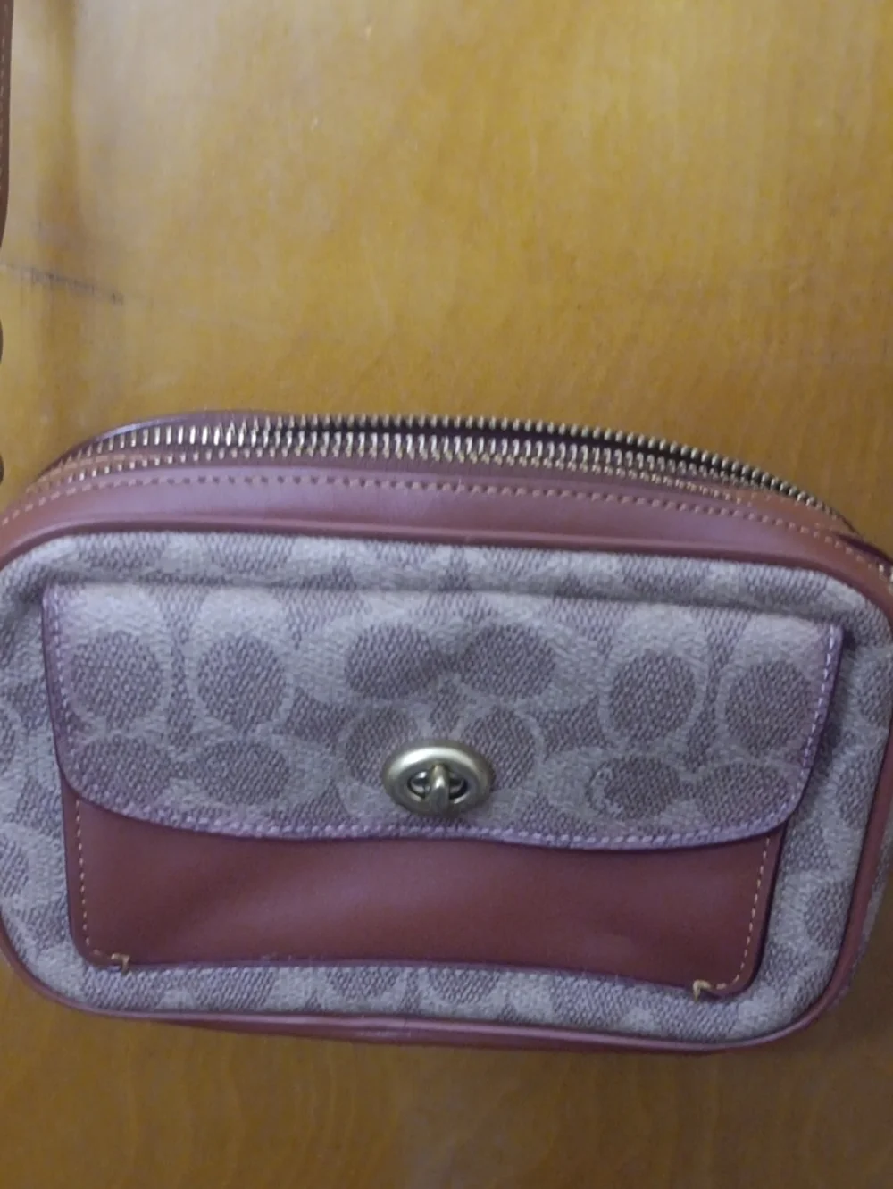 Coach Tan and Cinnamon Signature Canvas Crossbody Bag with Leather Trim